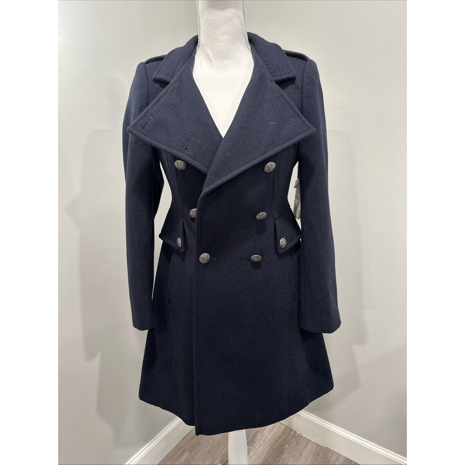 Nwt Moda International Wool-Blend Double-Breasted Trench Coat Navy Womens Sze 0p